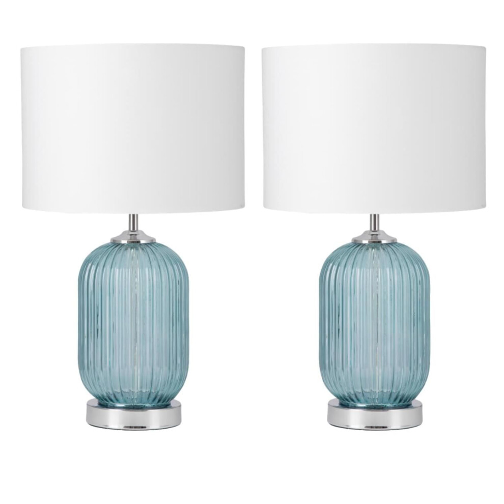 Set of 2 Turquoise Ribbed Glass Lamps with White Shades-image-OPC-PDVPHYY-NEW