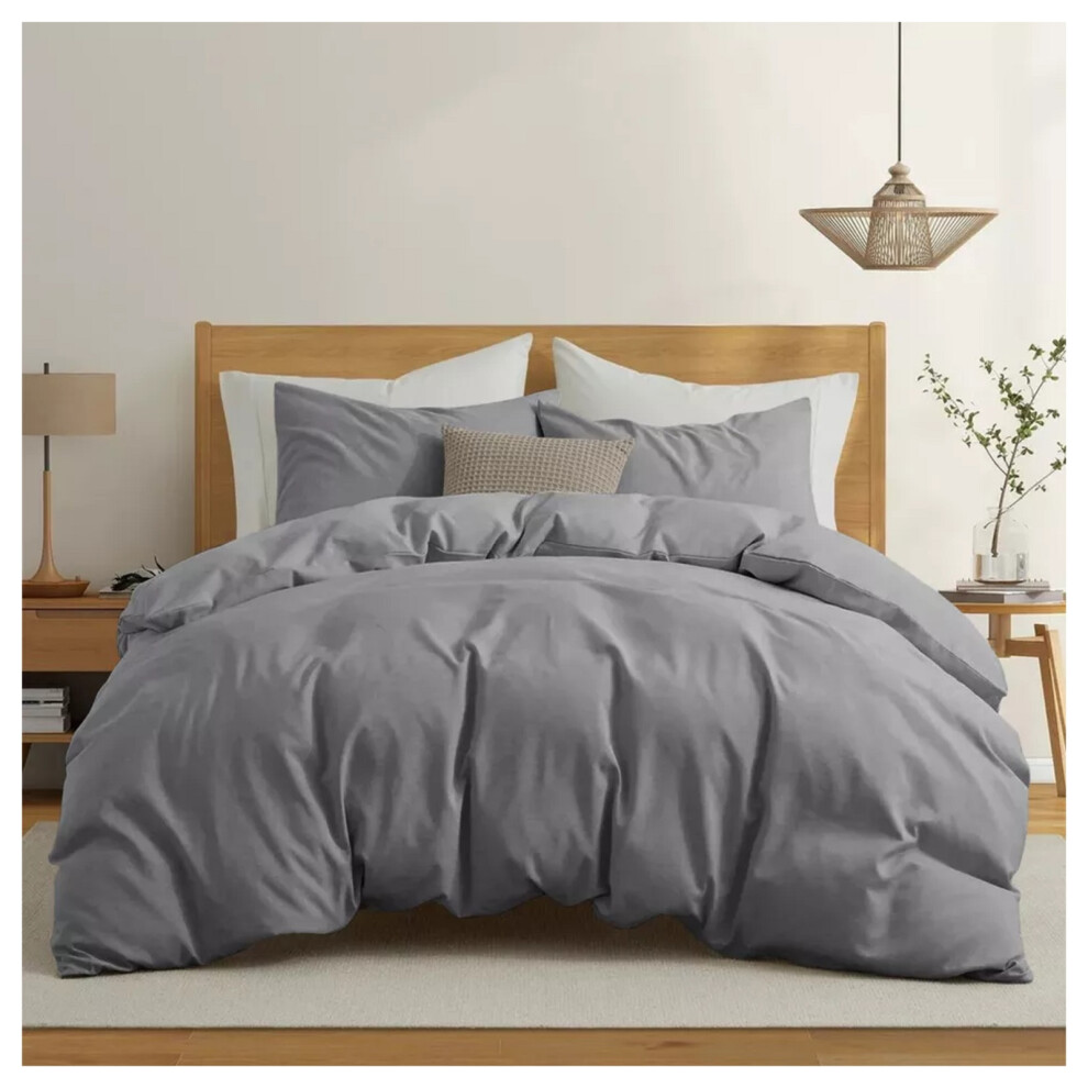 (Grey, Single (137 x 200 cm)) Plain Duvet Quilt Cover 3PC Reversible Bedding Set