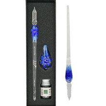 EACHHAHA Glass Dip Pen?Crystal Signature Pen for Art, Writing, Signatures ? Decoration and Business Gift (3 piece blue flower Pen)