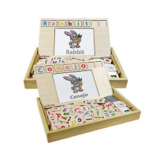 Lexibook EDU100i2 Bio Toys School, Bilingual Spanish/English, Wooden, 50 Word Cards, Alphabet, Educational Game