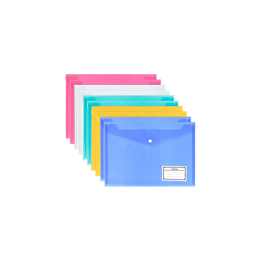 Plastic Wallets - 10 Pack A4 Plastic Folders Document Files Envelope - Plastic Popper Wallets with Label Pocket and Snap Button for School Office