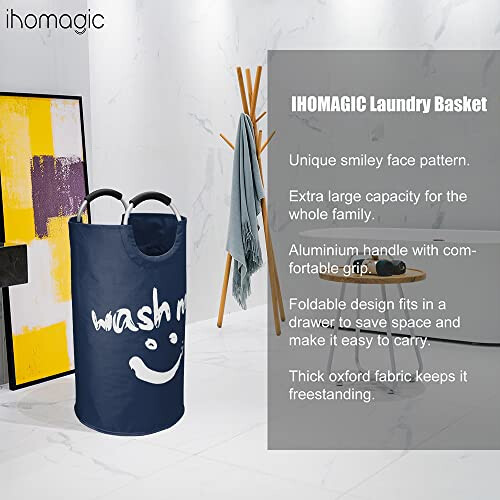 IHOMAGIC 91L Collapsible Laundry Bin Independent Fabric Laundry Hamper with Comfortable Handle Laundry Washing Bin with Smiley Pattern Clothes 2