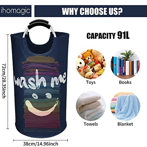IHOMAGIC 91L Collapsible Laundry Bin Independent Fabric Laundry Hamper with Comfortable Handle Laundry Washing Bin with Smiley Pattern Clothes 1