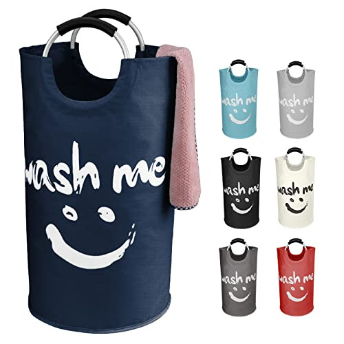 IHOMAGIC 91L Collapsible Laundry Bin Independent Fabric Laundry Hamper with Comfortable Handle Laundry Washing Bin with Smiley Pattern Clothes