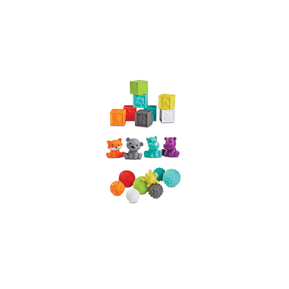 Infantino Sensory Balls Blocks & Buddies - 20 piece basics set for sensory exploration, fine and gross motor skill development and early introduction