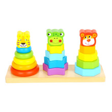 Woody Treasures Wooden Stacking Toys for 1 2 3 Year Olds - Baby Stacking Rings with Lion, Dog & Frog Head - Cognitive & Fine Motor Skills Development