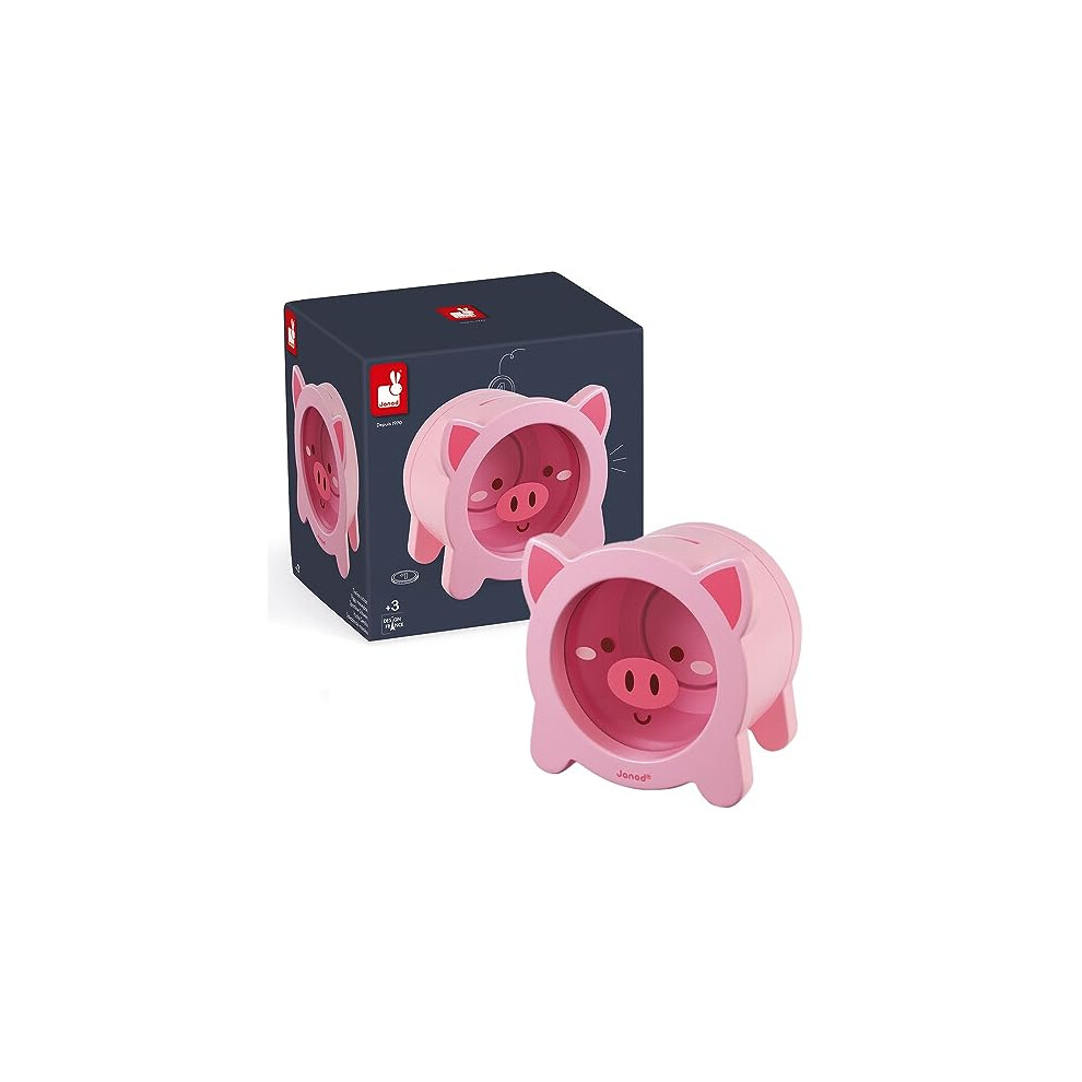 Janod - Wooden Children?S Piggy Bank 5.9 Inch - See-Through Side And Magnetic Opening - Children's Room Decoration - Suitable For Ages 3 And Up,