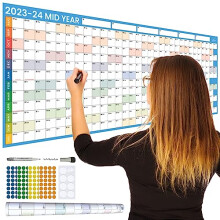 2023/2024 Academic Year Wall Planner Rolled 118x42cm Thick Laminated Mid Year Calendar Dry Wipe Pen Stickers Adhesive Mounting Pads by Glacient (Blue)
