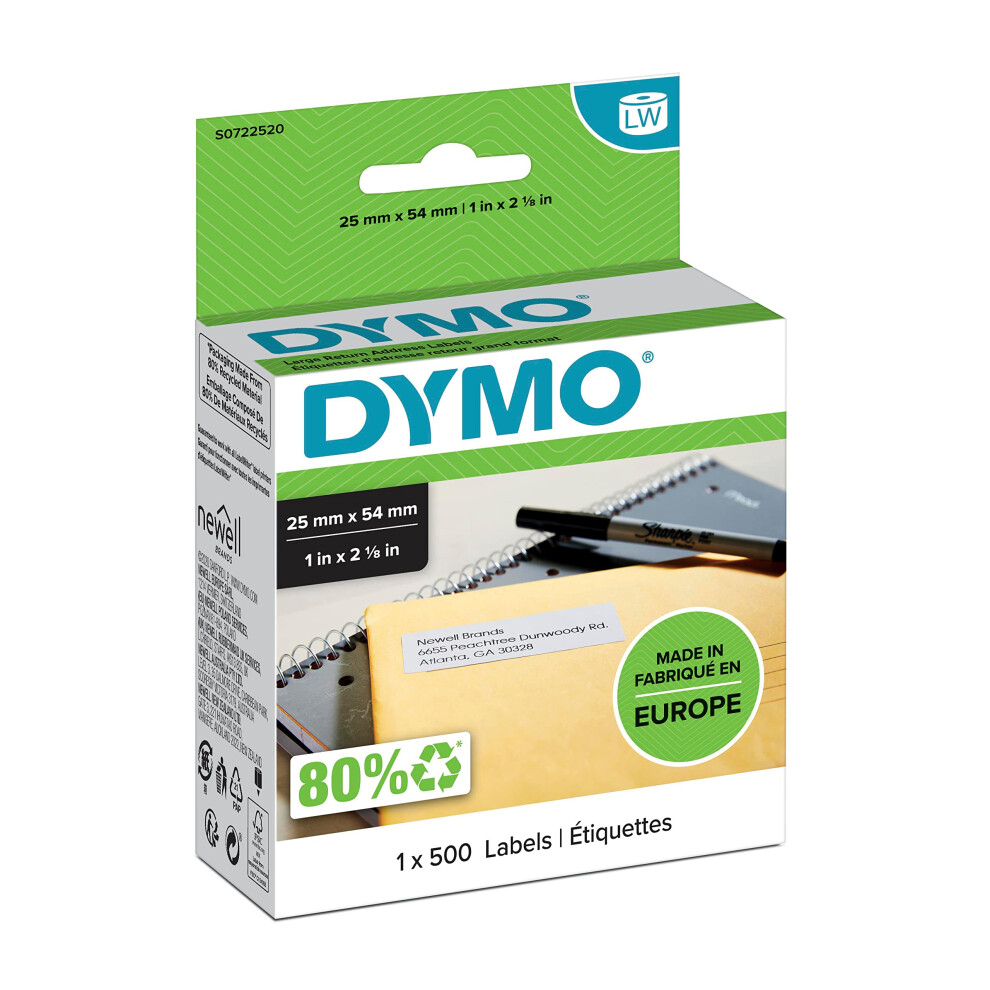 DYMO Authentic LabelWriter Return Address Labels | 25 mm x 54 mm | Self-Adhesive | Roll of 500 Easy-Peel Labels | for LabelWriter Label Makers | Made