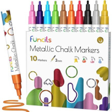 Funcils Metallic Liquid Chalk Pens for Chalkboard Signs, Blackboard, Window, Labels, Bistro, Glass, Car (10 Pack, 3mm) - Wet Wipe Erasable Ink Chalk