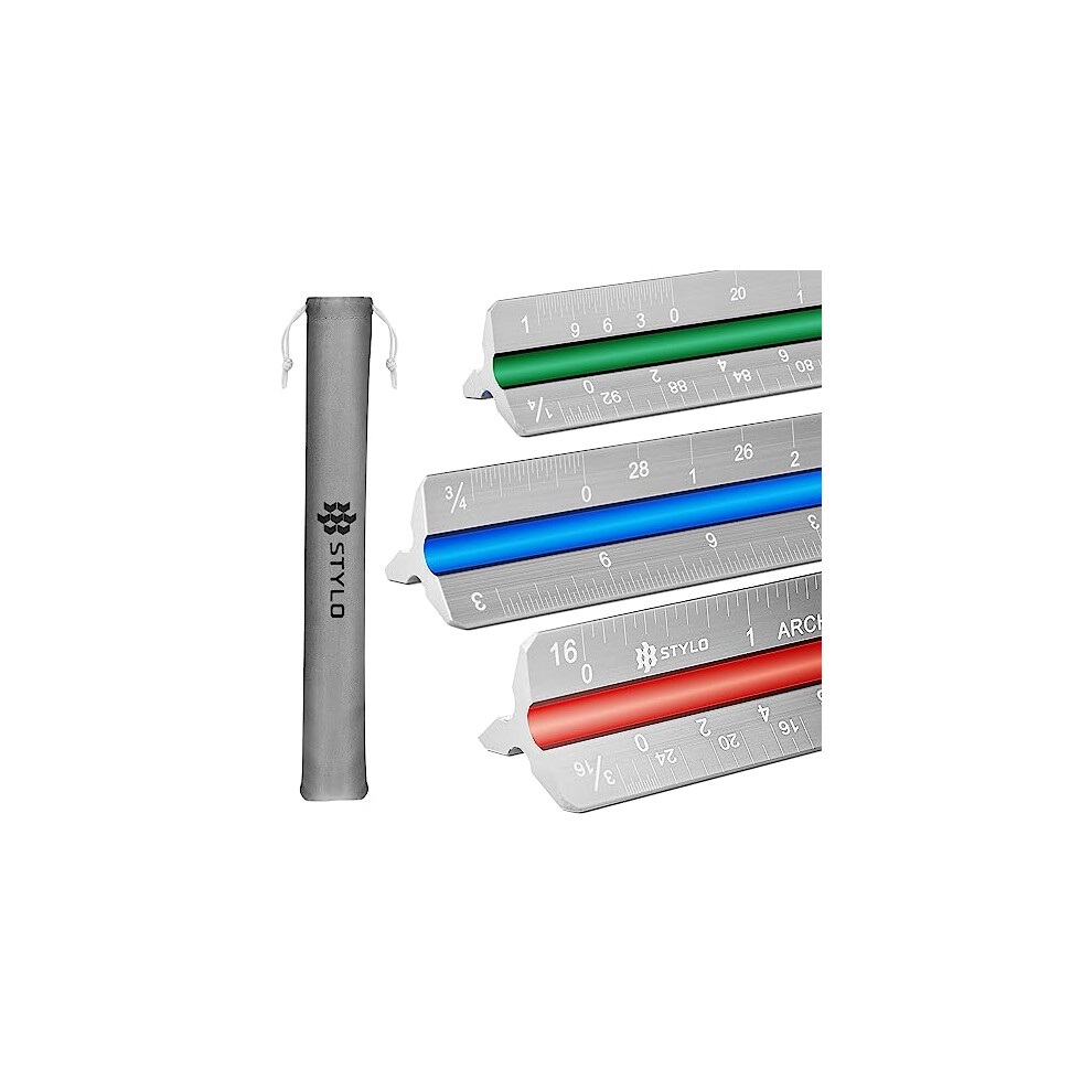 Stylo Aluminum Architect Scale Ruler 12" Laser Etched Triangle Drafting Ruler With Colour - Coded Grooves For Blueprint - Imperial Architectural Scale 5051216002017