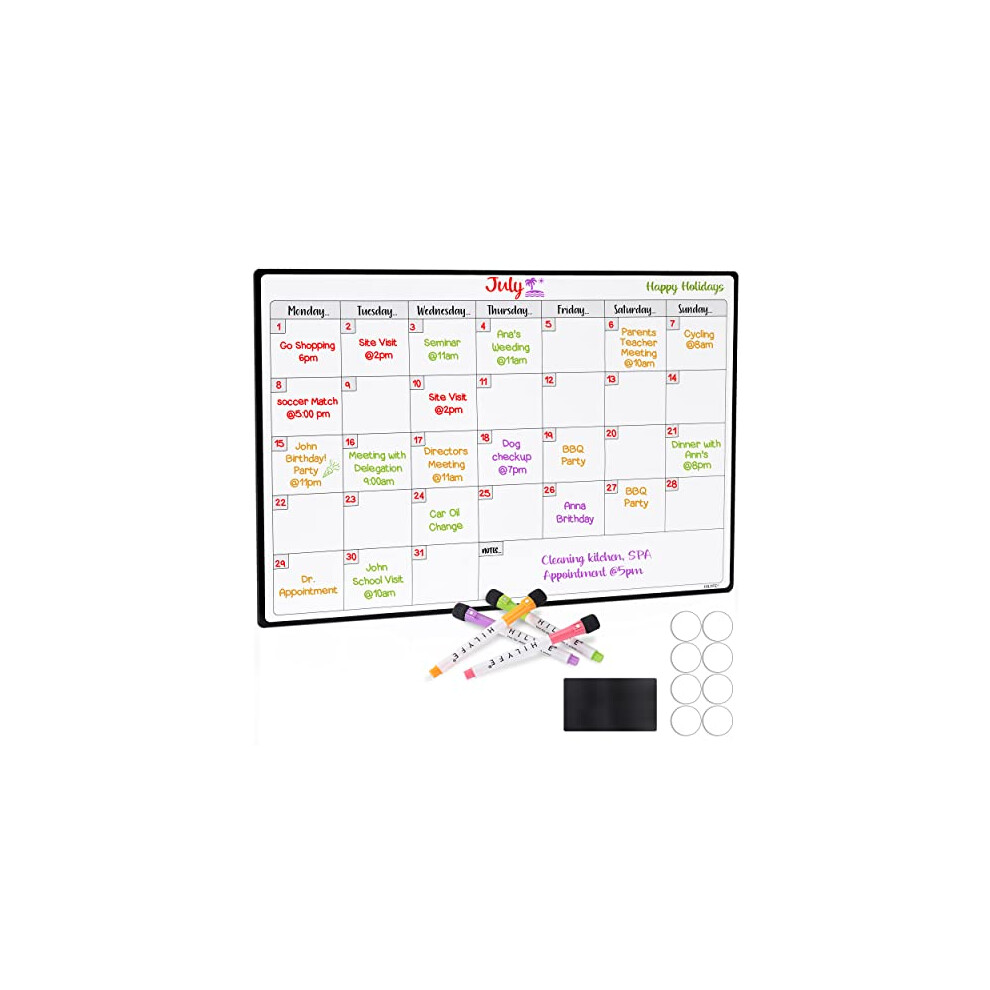 HILYFE Monthly Planner Whiteboard A3- Magnetic Fridge Calendar for Cupboard & Wall with 4 Dry Erase Markers - Meal Planning Memo Board - Task Planning