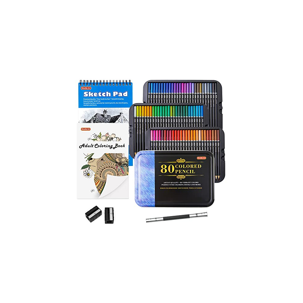 80 Colours Professional Colouring Pencils, Shuttle Art Soft Core Coloured Pencil Set with 1 Colouring Book,1 Sketch Pad, 2 Sharpener, 1 Pencil