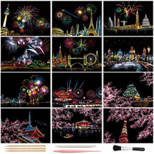 Magic Scratch Art Paper(7.9"x5.5") Rainbow Landscape Engraving Art Mini Scratchboard DIY Pads for Adults and Kids, Crafts Set: 12 Sheets Scratch