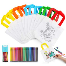Anstore DIY Graffiti Bag Set,12pcs DIY Non-woven Reusable Double-sided Colouring Bag For Painting & 36 Color Crayons for Kids Birthday DIY Colour Bags