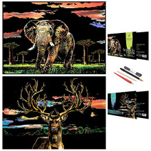 Scratch Painting Art Paper,Animal Series Scratchboard for Kids & Adults, Gifts&Arts Craft Kits with 4 Tools,Size:16''x11'' (Elephant & Deer)