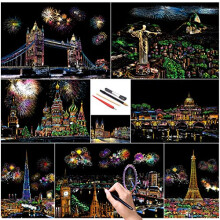 SiYear Scratch Paper Rainbow Painting Sketch, City Series Night Scene,Scratch Painting Creative Gift,Scratchboard for Adult and Kids with 4 Tools