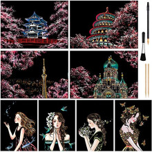 Scratch Art for Kids & Adult, Magic Rainbow Flower Engraving Painting Paper, Landscape Scratchboard(A4) Sketch Beautiful Crafts Set: 8 Sheets with 4