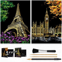 Scratch & Engraving Arts Paper(16" x 11.2") for Kids & Adults, Rainbow Sketch Painting Landscape Scratchboard, Craft Kits: 2 Pack with 4 Tools -