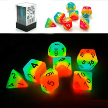 Bescon Fantasy Rainbow Glowing Polyhedral Dice 7pcs Set MIDNIGHT CANDY, Luminous RPG Dice Set Glow in Dark, Novelty DND Game Dice d4 d6 d8 d10 d12 d20