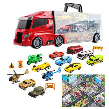 deAO Transporter Truck Carrycase for Cars Set Carrier Including a Total of 12 Vehicles, Accessories and Play Map, Multicolor/Assorted