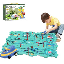 DQTYE Puzzle Slot Car Track Playset DIY Assembling Electric Trolley Battery-Operated Toy Vehicle & Puzzle Board, Fun Rail Car Building Toys for Kids