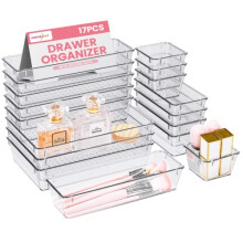 HOUSE DAY Makeup Drawer Organiser Trays 17 PCS, 4-Size Clear Drawer Organisers with Silicone Pads, Vanity Organisers and Storage, Non Slip Plastic