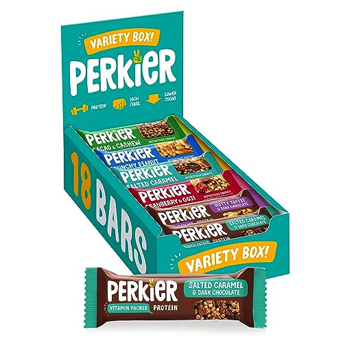 Perkier Variety Box Snack Bars (18 Pack) ? Vegan ? Gluten Free ? Protein ? High Fibre ? Lower Sugar - Natural Ingredients ? Lower Calorie ? Healthy ?