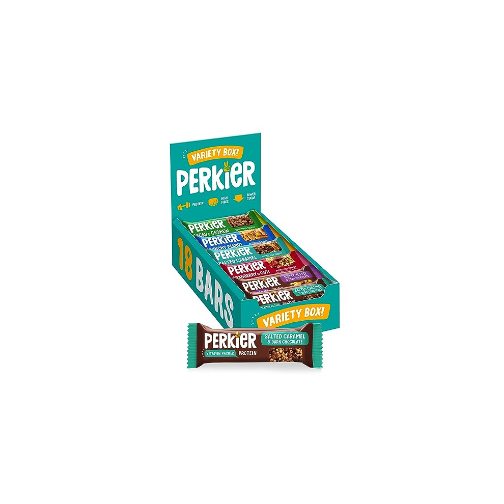 Perkier Variety Box Snack Bars (18 Pack) ? Vegan ? Gluten Free ? Protein ? High Fibre ? Lower Sugar - Natural Ingredients ? Lower Calorie ? Healthy ?