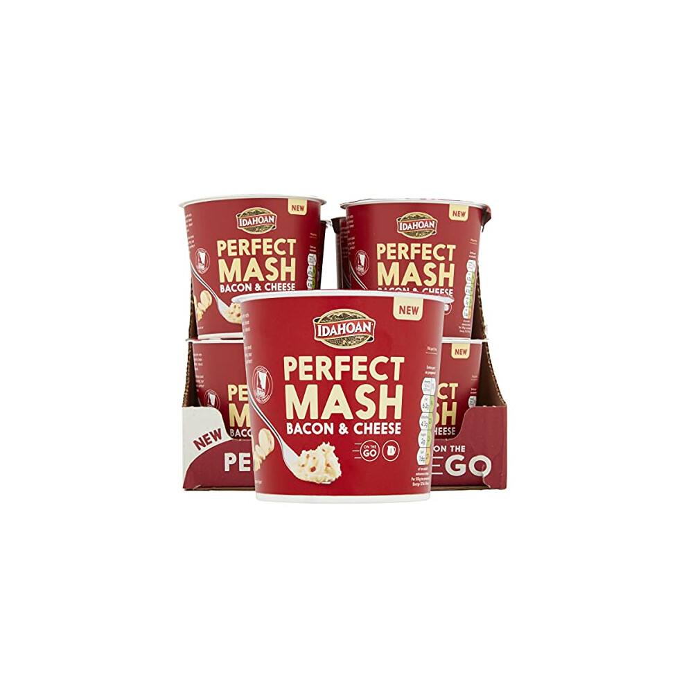 Idahoan Mashed Potato Pots, Bacon and Cheese, Dried Potato Mash, Cooks in 1 minute, Quick Lunch, Bulk Pack of 12