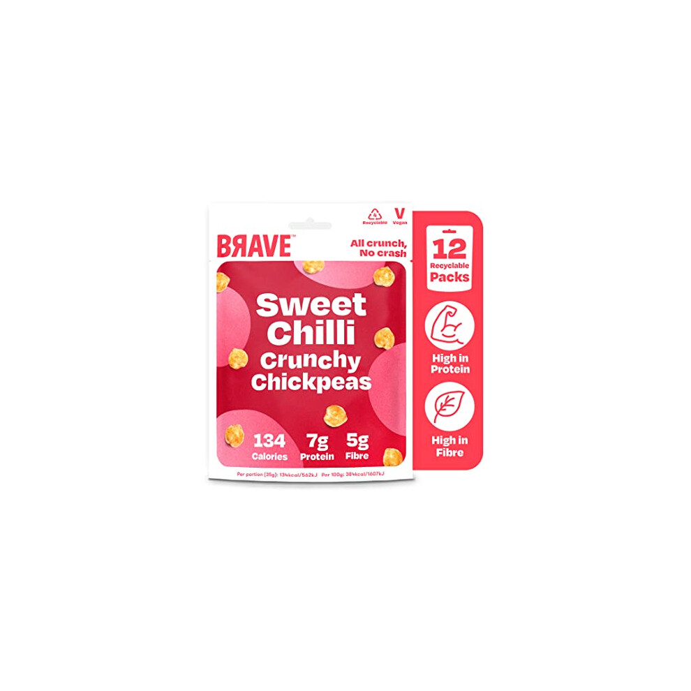BRAVE Crunchy Chickpeas: Sweet Chilli - Delicious Healthy Snacks - Vegan - High in Plant Protein & Fibre - Low Calorie - Plant-Based - Box of 12 Packs