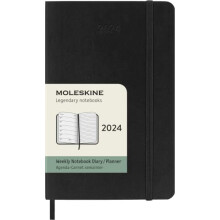 Moleskine Weekly Agenda with Space for Notes 12 Months 2024, Agenda 2024, Size Pocket 9x14, Soft Cover and Elastic Closure, Colour Black
