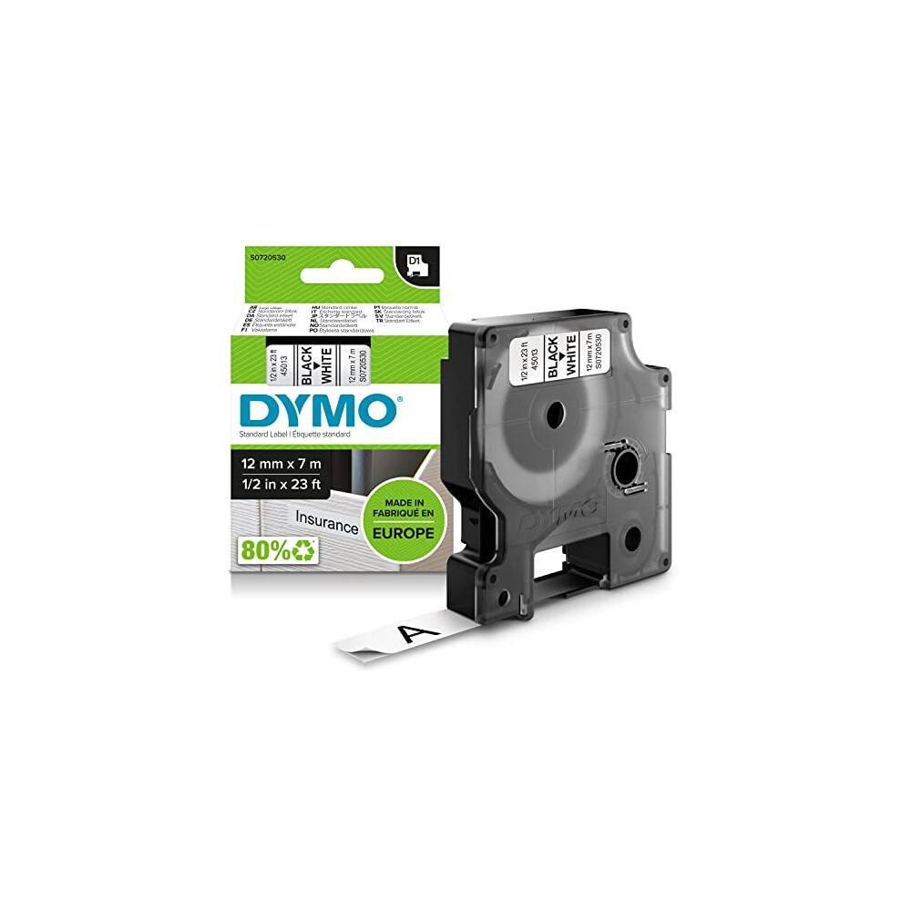 DYMO Authentic D1 Labels | Black Print on White Tape | 12 mm x 7 m | Self-Adhesive Labels for LabelManager Label Makers | Made in Europe