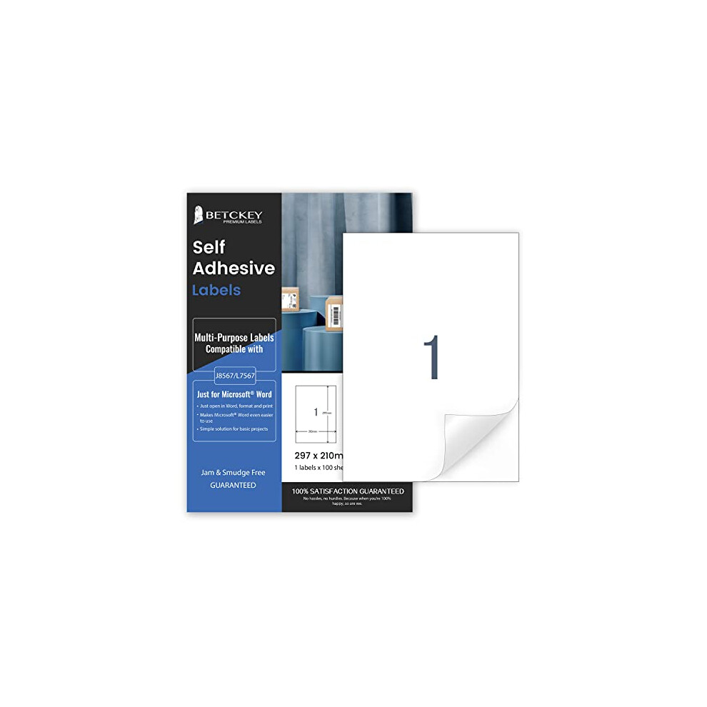 Betckey 100 Sheets, A4 Sticker Paper Labels, Printable Full Sheet Self Adhesive Labels For Inkjet & Laser Printer, 210 X 297Mm