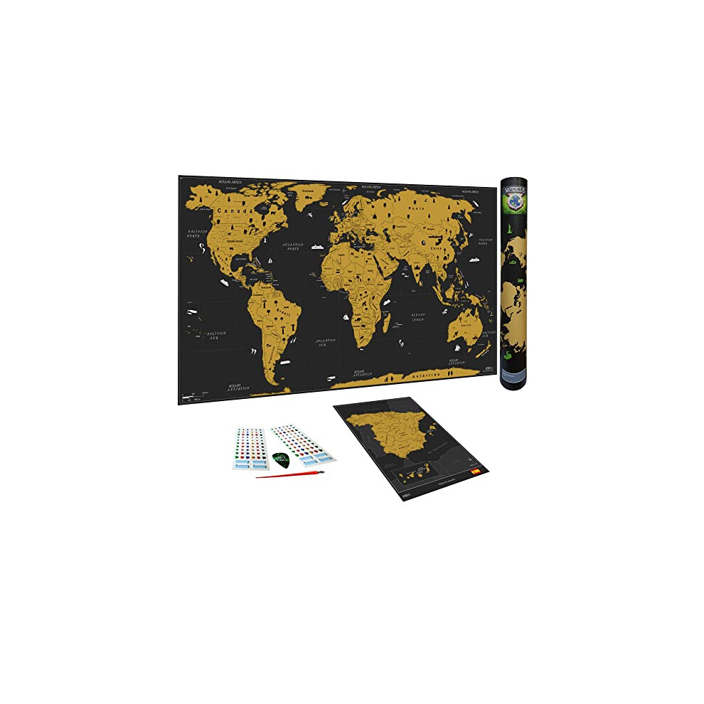 Wideta Scratch Off World Map In Spanish/ Poster Xxl (82 X 43 Cm), Bonus Map Of Spain And Accessories
