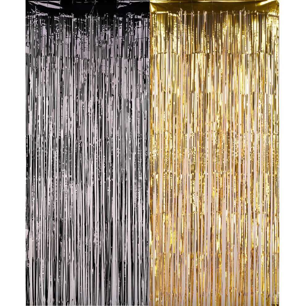 (Black & Gold, 1x2 meters) Foil Fringe Curtain Backdrop, Sparkle Tinsel Metallic Hanging Streamers for Birthday Graduation Halloween New Year Retirement Hen Party Photo Booth