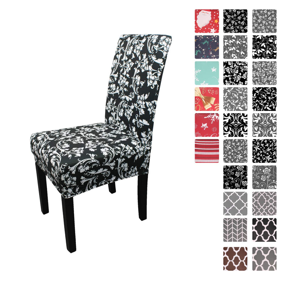 (Floral Design - Black, 2pcs) Dining Chair Cover Spandex Stretch Short Chair Seat Cover Removable Washable Chair Slipcover for Kitchen, Wedding, Hotel, Banquet, Party