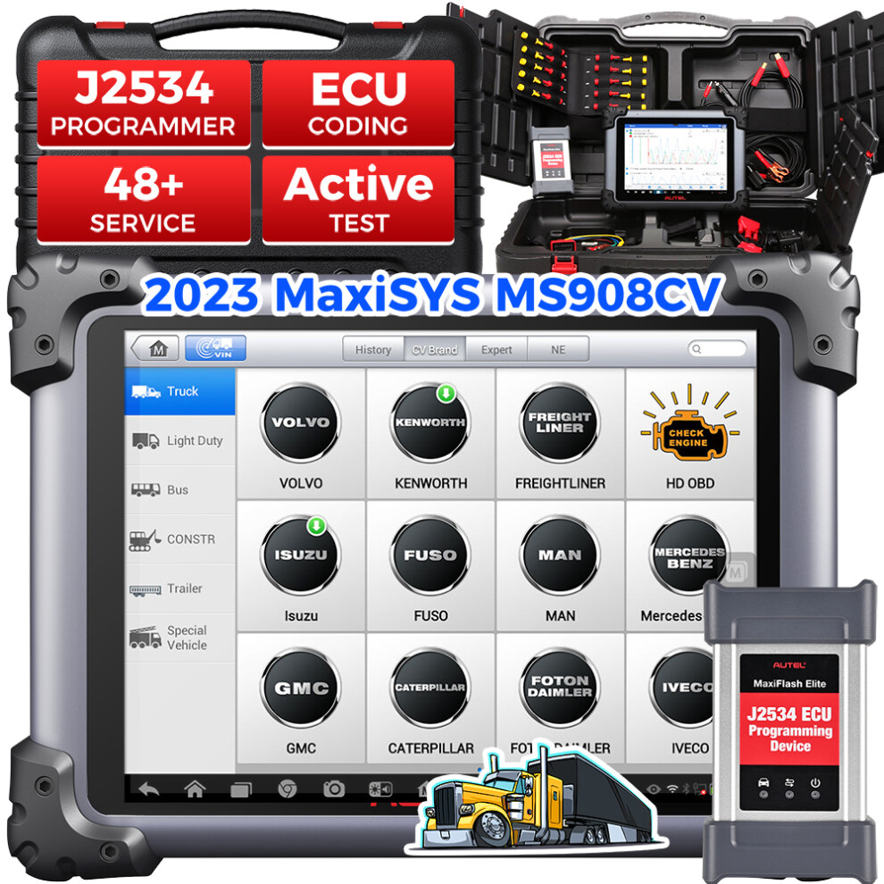 Autel Maxisys MS908CV Heavy Duty Car Diagnostic Scan Tool with J-2534 ECU Programming, Coding, Active Test 25 Services, 23 Adaption Functions