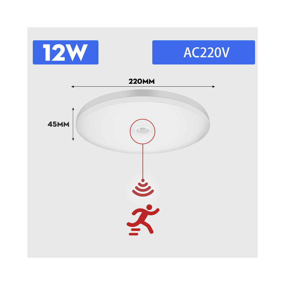 (12W AC 220v, Cold White) Motion Sensor Led Ceiling Lamps 110V 220V Surface Mounted PIR Light