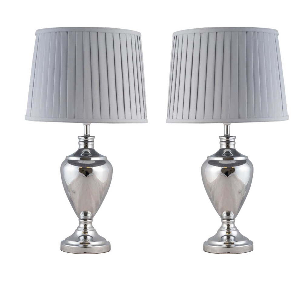 Pair of 58cm Urn Style Table Lamp in Polished Chrome with Grey Pleated Shades