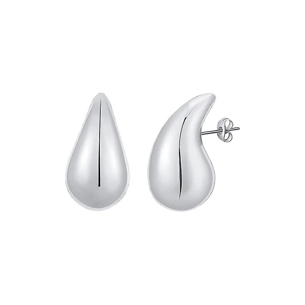 (Silver) Chunky Gold Hoop Earrings For Women, Waterdrop Hollow Open Hoops, Hypoallergenic