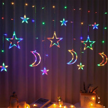 (Colorful, UK Plug) 138 Leds Curtain Lights Christmas Moon Star Window Fairy String Lights 220v For Indoor Window Patio Kid Bedroom Decoration