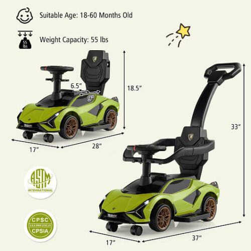 3 in 1 Licensed Lamborghini Ride Walking Toy Stroller-Green 2