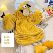 (Robe And Shoes, XL) Cartoon Duck Winter Pajamas For Adult Onesie Hoodie Funny Pajama Warm Comfy Homewear Lounge Girls Dorm Cosplay Sleepwear Psyduck