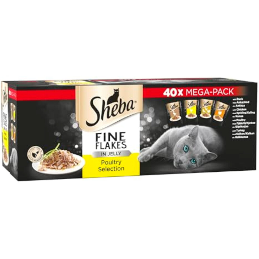 Sheba Fine Flakes Poultry Collection in Jelly 40 Pouches Adult Wet Cat Food Megapack 85 g Pack of 40