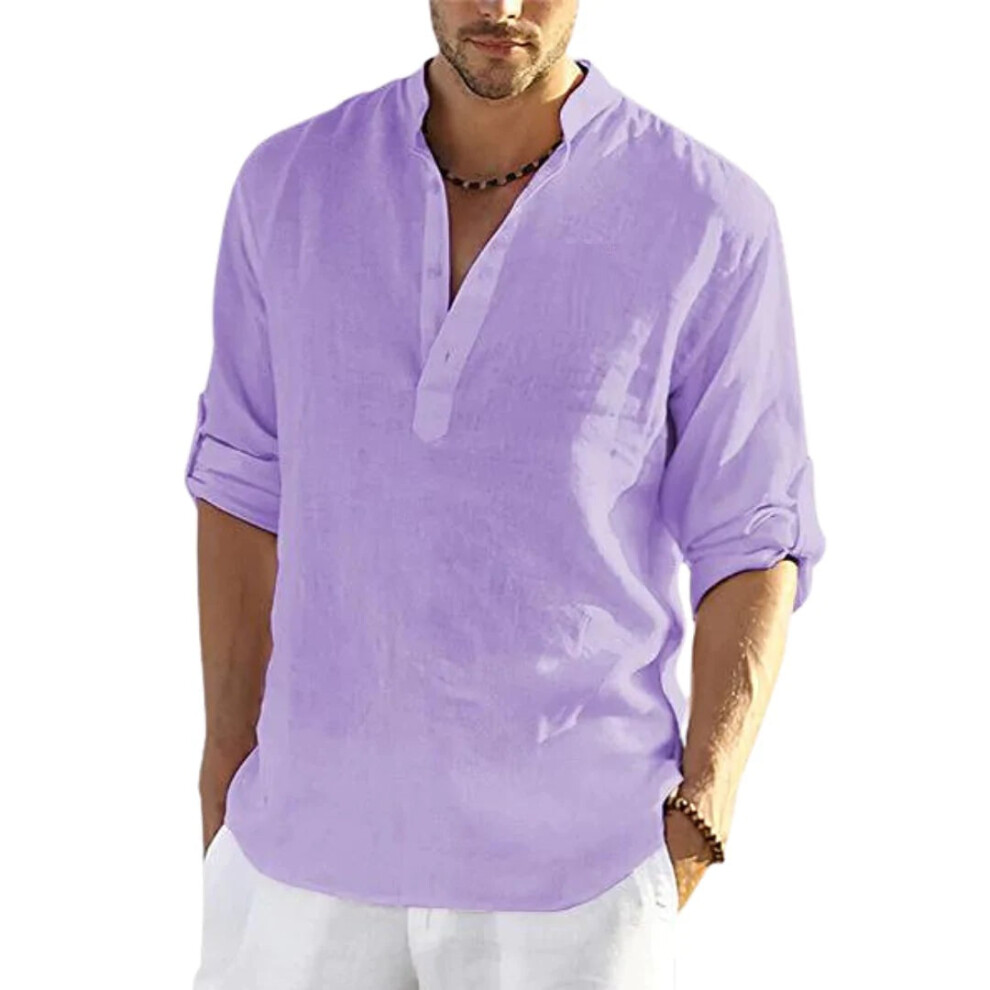 (Purple, 3XL) Men's Casual Cotton Linen Solid Color Long Sleeve Shirt Loose Stand Collar