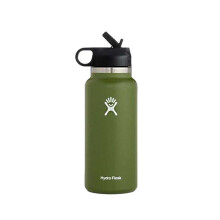 (Green) Hydro Flask Stainless Steel Wide Mouth Water Bottle with Flex Straw Lid and Double-Wall Vacuum Insulation