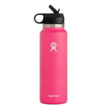 (Pink) Hydro Flask Stainless Steel Wide Mouth Water Bottle with Flex Straw Lid and Double-Wall Vacuum Insulation