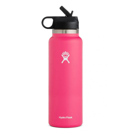 (Pink) Hydro Flask Stainless Steel Wide Mouth Water Bottle with Flex Straw Lid and Double-Wall Vacuum Insulation