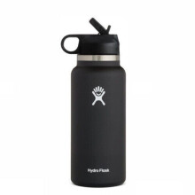 (Black) Hydro Flask Stainless Steel Wide Mouth Water Bottle with Flex Straw Lid and Double-Wall Vacuum Insulation